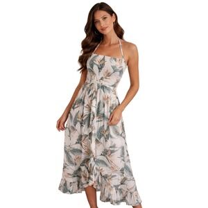I Heart Hawaii Tropical Floral Smocked High-Low Halter Maxi Dress OS White Green